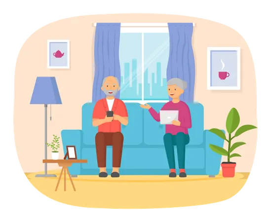 Old couple using smart devices Illustration
