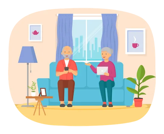 Old couple using smart devices  Illustration