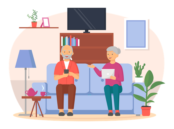 Old couple using smart phone  Illustration