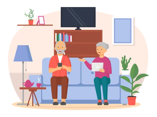 Old couple using smart phone  Illustration