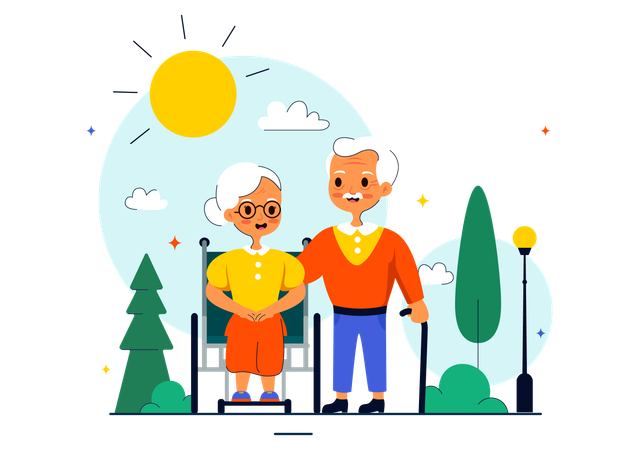 Old couple walking in park  Illustration