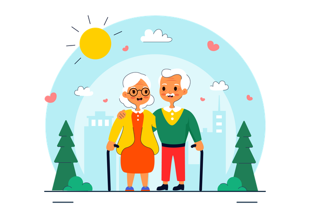 Old couple walking in park  Illustration