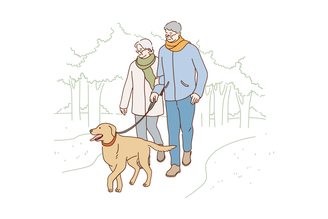 Old couple walking with dog in park  Illustration