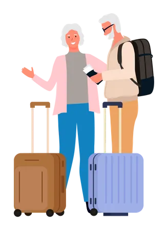 Old couple with luggage  Illustration