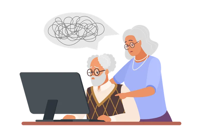 Old Couples Computer Problems Vector Illustration Cartoon Isolated Confused Senior Man And Woman Sitting At Desk In Front Of Monitor With Worry Anxiety And Tangled Thread Above Grandparents Heads Illustration