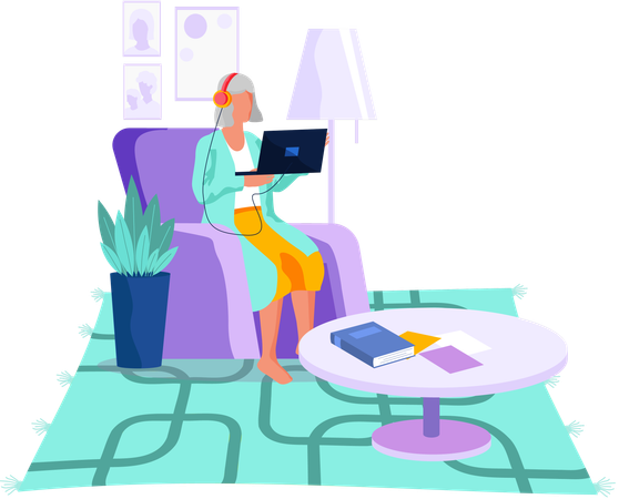Old elderly pensioner woman working online at home  Illustration