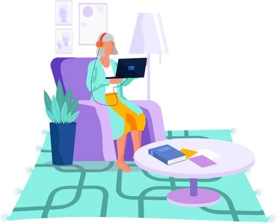 Old elderly pensioner woman working online at home  Illustration