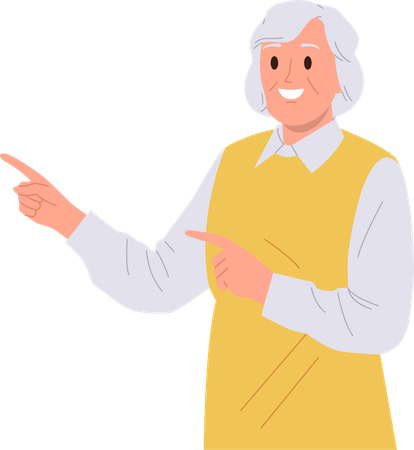 Old elderly smiling woman pointing aside with index finger hand gesture  Illustration