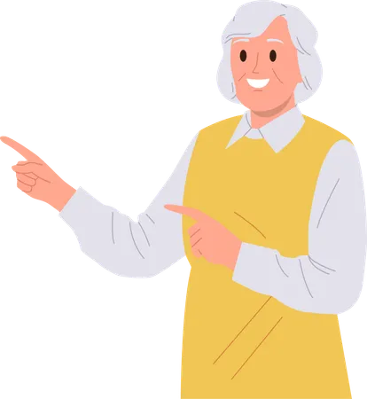 Old elderly smiling woman pointing aside with index finger hand gesture  Illustration