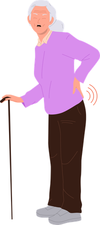 Old elderly woman character with cane suffering from chronic rheumatism and back pain  Illustration