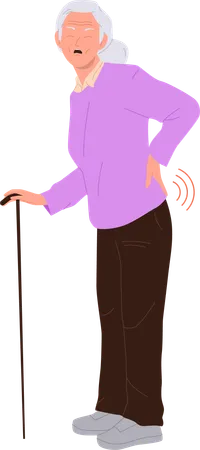 Old elderly woman character with cane suffering from chronic rheumatism and back pain  Illustration