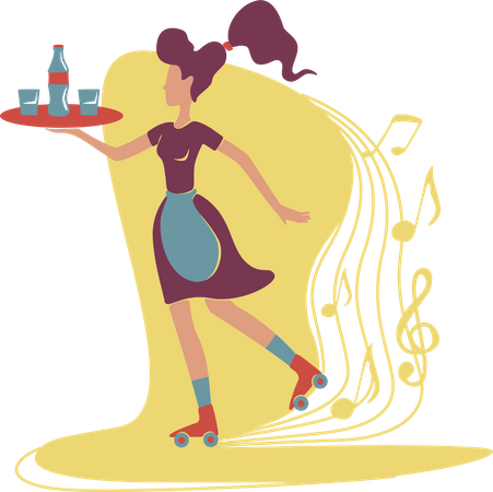 Old fashioned cool roller waitress holding tray in hand Illustration