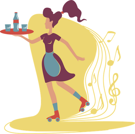 Old fashioned cool roller waitress holding tray in hand  Illustration