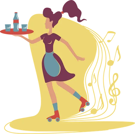 Old fashioned cool roller waitress holding tray in hand  Illustration