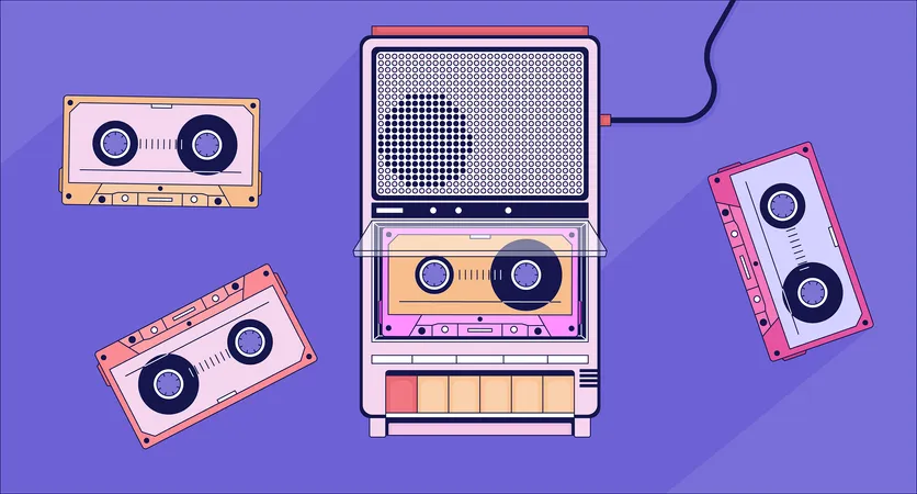 Old Fashioned Player Cassette Tapes Lofi Wallpaper Portable Device Vintage 2 D Objects Cartoon Flat Illustration Retro Compact Recorder Music 80 S Chill Vector Art Lo Fi Aesthetic Colorful Background Illustration
