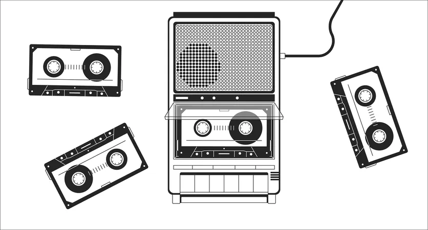 Old Fashioned Player Cassette Tapes Black And White Lofi Wallpaper Portable Device Vintage 2 D Outline Objects Cartoon Flat Illustration Retro Record Music 80 S Vector Line Lo Fi Aesthetic Background Illustration