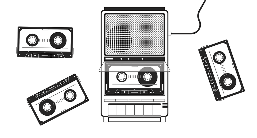 Old fashioned player cassette tapes  イラスト