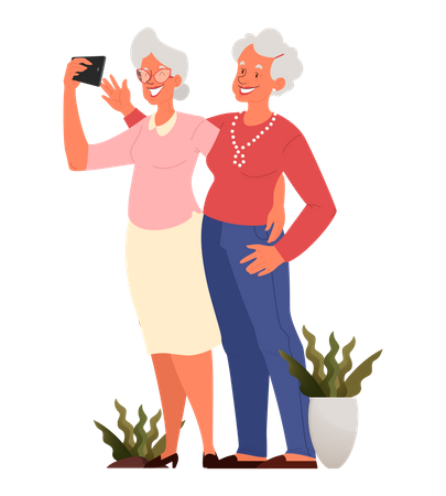 Old female friend taking selfie  Illustration