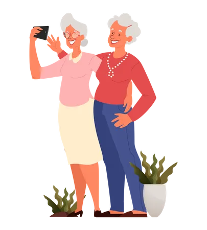 Old female friend taking selfie  Illustration