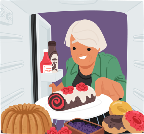 Old Female Taking Sweets From Refrigerator  Illustration