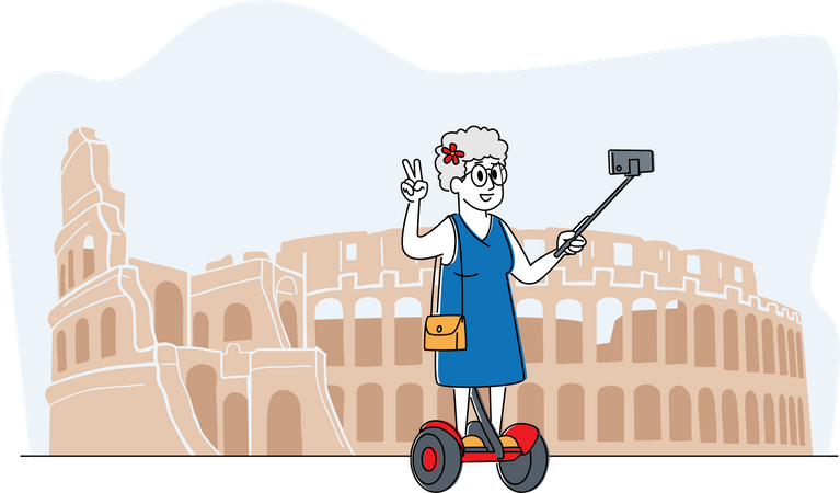 Old female tourist clicking selfie while standing on hoverboard Illustration