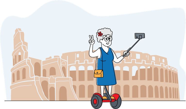 Old female tourist clicking selfie while standing on hoverboard  Illustration