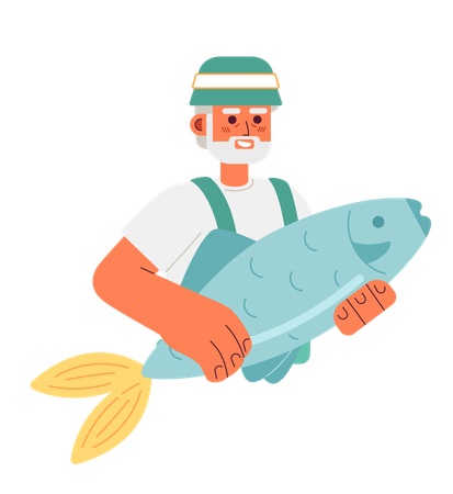 Old fisherman holding big fish  Illustration
