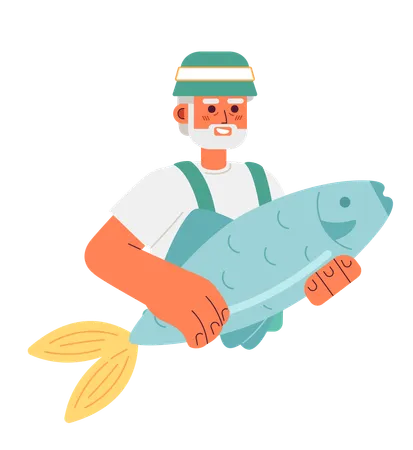 Old Fisherman Holding Big Fish Semi Flat Color Vector Character Editable Half Body Happy Man On White Simple Cartoon Spot Illustration For Web Graphic Design Illustration