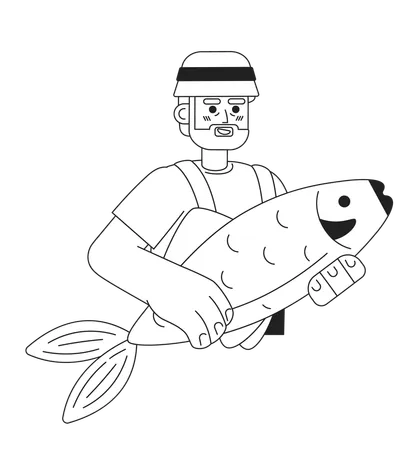 Old Fisherman Holding Big Fish Flat Line Black White Vector Character Editable Thin Line Half Body Happy Man On White Simple Bw Cartoon Spot Image For Web Graphic Design Illustration