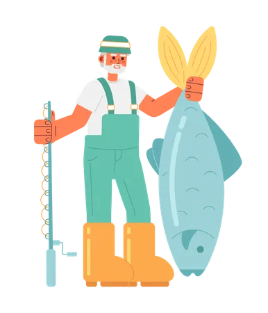 Old fisherman holding big fish and fishing rod  Illustration