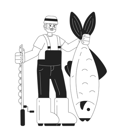 Old fisherman holding big fish and fishing rod  イラスト