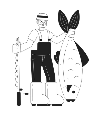 Old fisherman holding big fish and fishing rod  Illustration