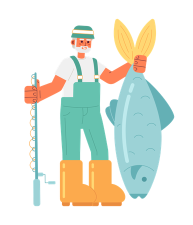 Old fisherman holding big fish and fishing rod  Illustration