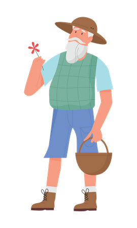 Old gardener holding flower  Illustration