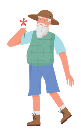 Old gardener holding flower  Illustration