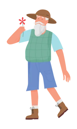 Old gardener holding flower  Illustration