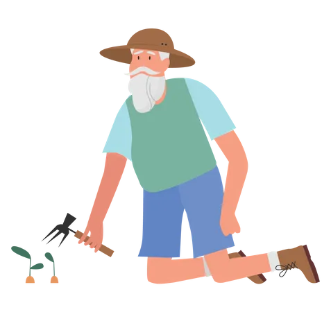 Old gardener with fork  Illustration