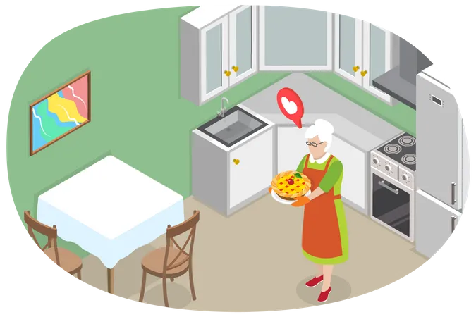 3 D Isometric Flat Vector Conceptual Illustration Of Grandma With Cake Home Made Pie Illustration