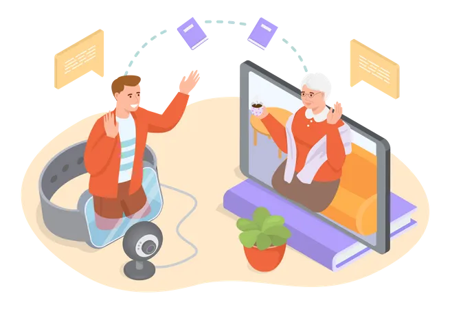 Old Grandmother Is Communicating By Video Link Online Communication With Relative Via Internet Elderly Woman Is Talking To Her Grandson Using Computer And Virtual Reality Glasses Vector Illustration Illustration