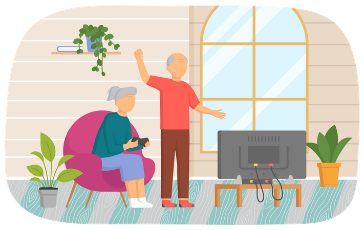 Old grandparents playing video games Illustration