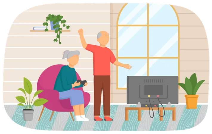 Old Grandparents Playing Video Games Seniors With Gamepads Play On Console Elderly People Have Modern Lifestyle Deal With Technology Retired Couple Holding Controllers And Playing Video Game Illustration