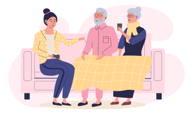 Old grandparents with their granddaughter are communicating about technologies and smartphones Illustration