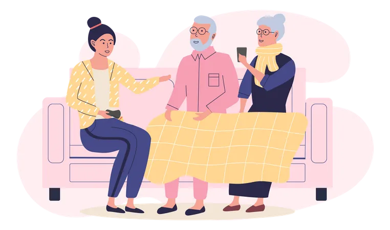 Old grandparents with their granddaughter are communicating about technologies and smartphones Illustration