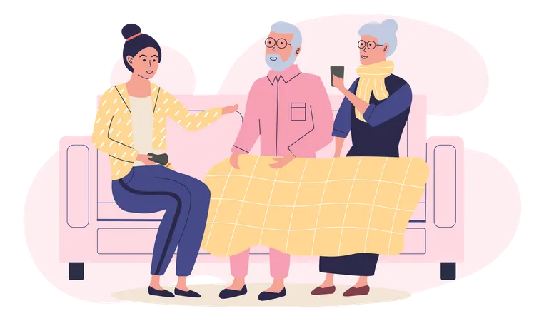 Old grandparents with their granddaughter are communicating about technologies and smartphones  Illustration