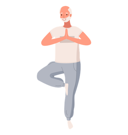 Old happy man standing in tree pose  Illustration