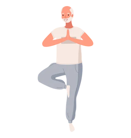 Old happy man standing in tree pose  Illustration