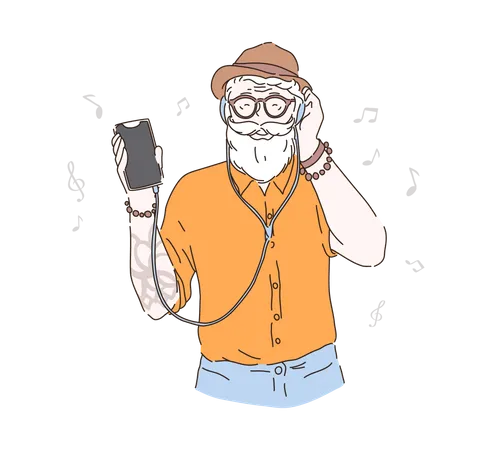Vigorous Old Age Young In Heart Elderly Person Concept Old Hipster Listening To Music Stylish Bearded Man In Hat And Headphones Holding Smartphone Simple Flat Vector Illustration