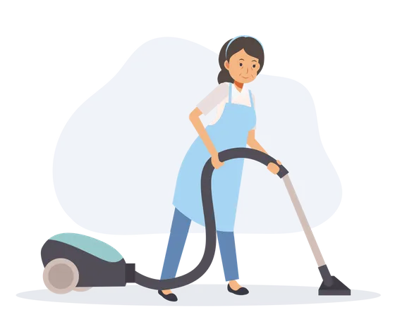 Old housekeeper cleaning floor by vacuum  Illustration