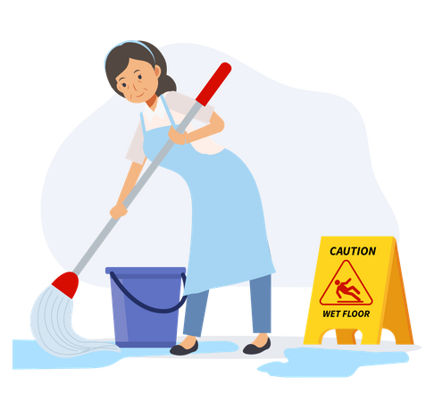 Old housekeeper cleaning floor with caution wet floor board  Illustration