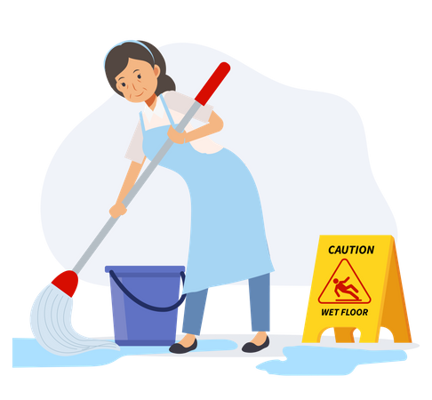 Old housekeeper cleaning floor with caution wet floor board Illustration